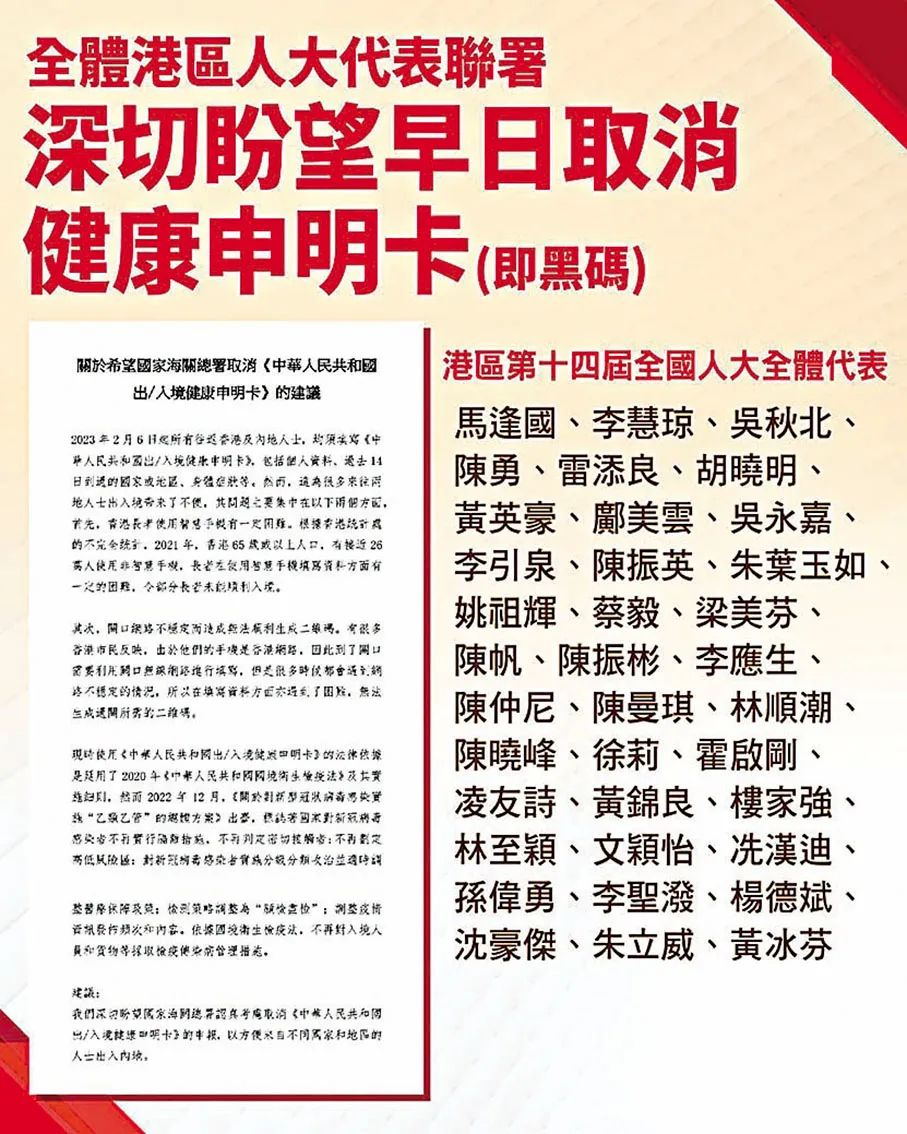 總會姚祖輝主席參與全體港區人大代表聯署 深切盼望早日取消健康申明卡（即黑碼）